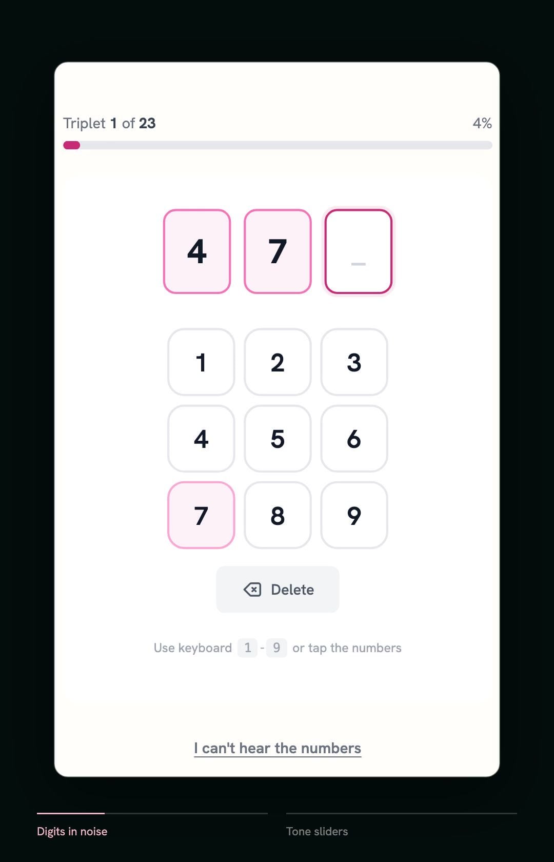 Soundware numbers-in-noise hearing test preview, showing the response keypad